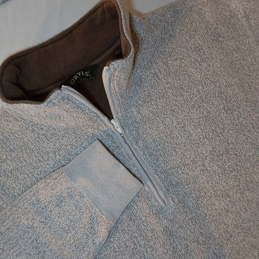 Orvis 1/4 Zip Pullover Mens M Brown & White Brushed Fleece Cabincore Woodsy Dad
